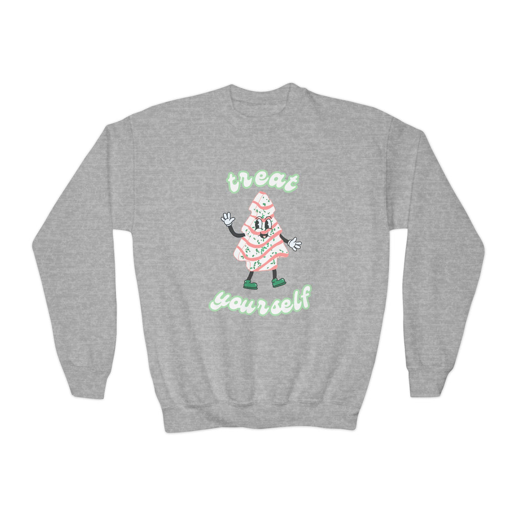 Kids Christmas Tree Cake Youth Crewneck Sweatshirt, Treat Yourself Holiday Sweatshirt, Festive Children's Jumper, Christmas Treat