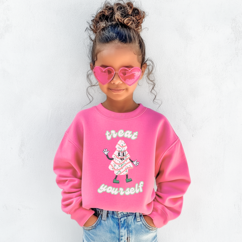Kids Christmas Tree Cake Youth Crewneck Sweatshirt, Treat Yourself Holiday Sweatshirt, Festive Children's Jumper, Christmas Treat